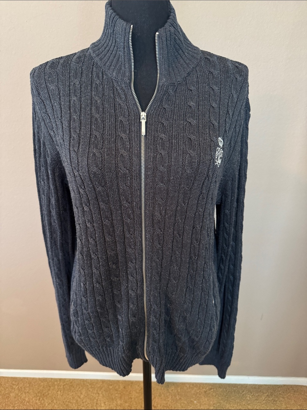 Ralph Lauren Charcoal Cable-Knit Zip Cardigan M
